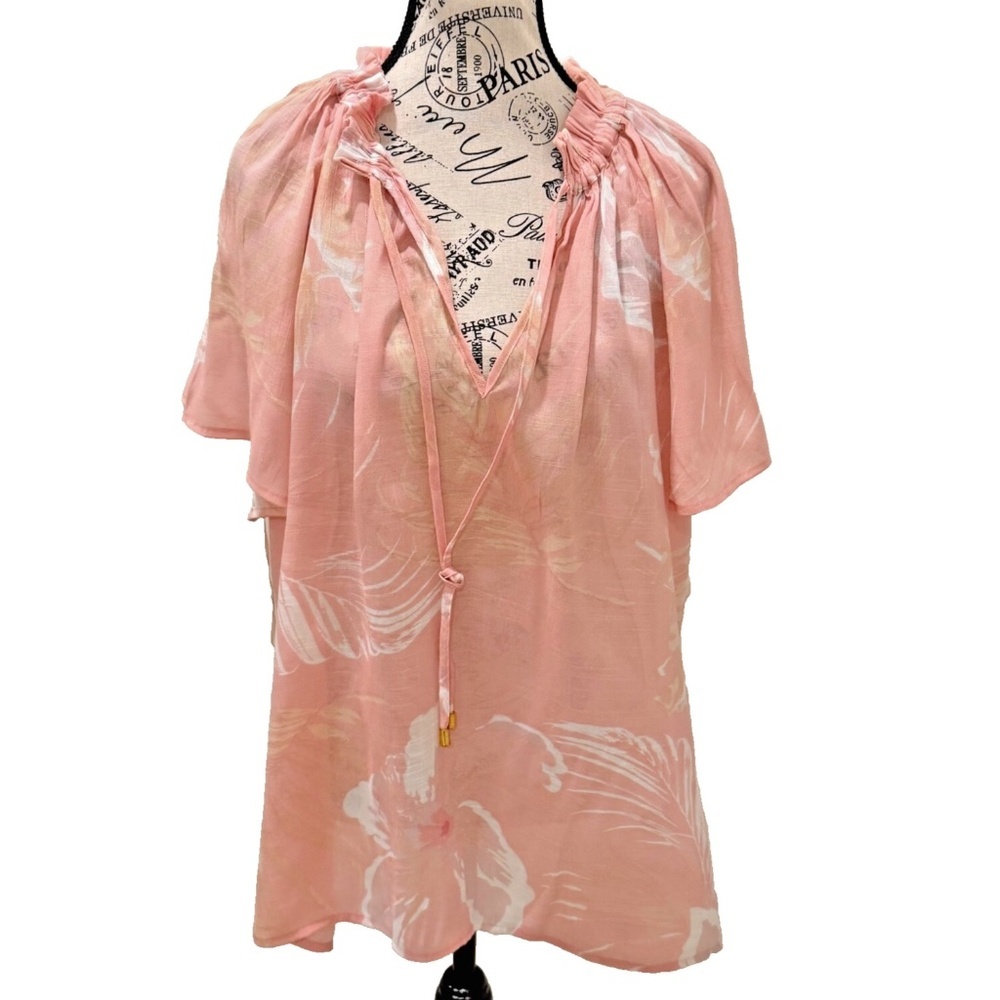 harve benard Ladies Lightweight Pink Tropical Print Blouse; Size 3X